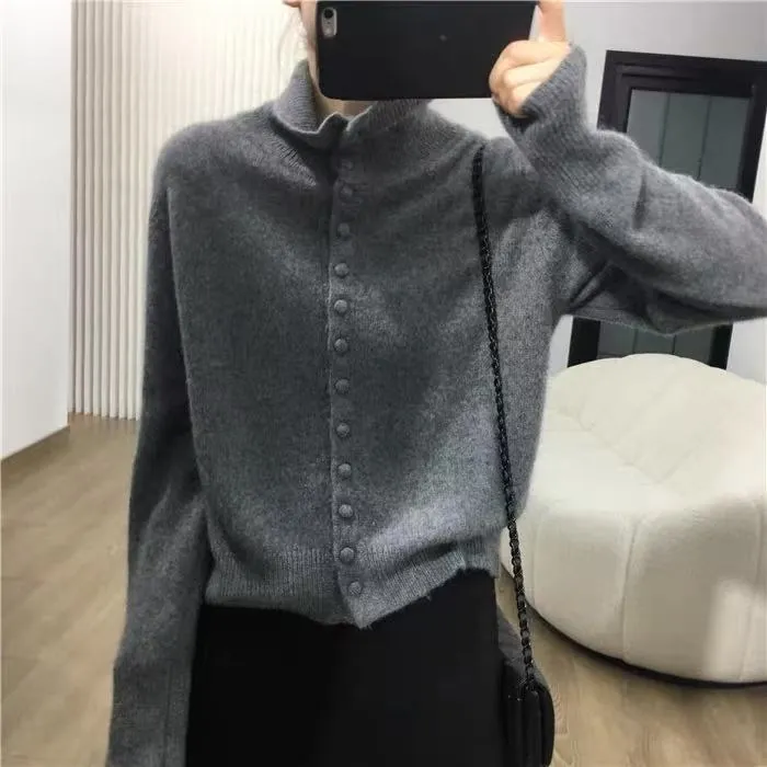 秋冬重磅高领针织开衫女纯羊毛韩版包扣时尚毛衣百搭纯色外套厚