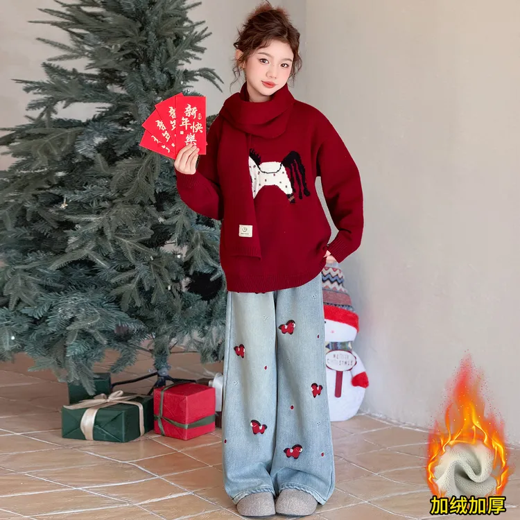 女童过年新年服毛衣冬装新款2026马年本命年衣服儿童红色12岁上衣
