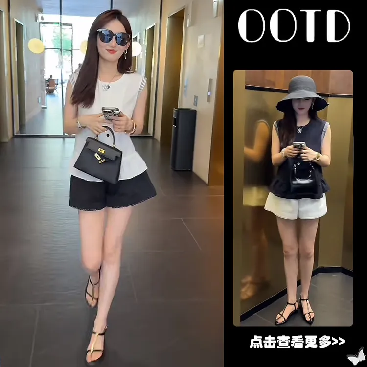 夏季流行穿搭一整套女2025新款韩版荷叶边无袖衬衫阔腿短裤两件套