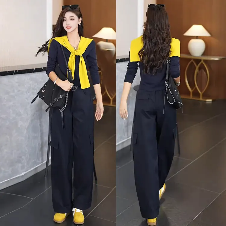 时尚洋气套装女早秋新款撞色长袖T恤披肩工装阔腿裤休闲两件套潮