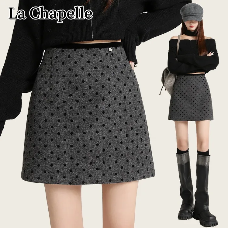 拉夏贝尔秋冬新款毛呢波点半身裙气质百搭高腰显瘦A字裙包臀短裙