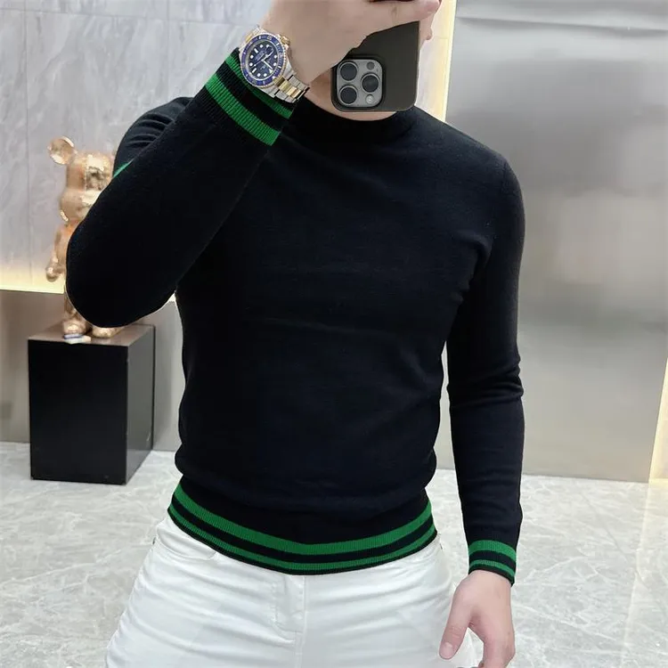 精彷羊毛针织衫欧货男士条纹休闲修身毛衣圆领长袖2026秋冬打底衫