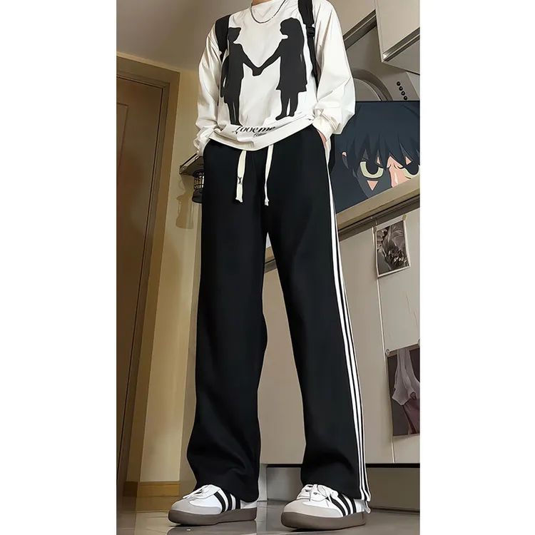 高个子加长运动卫裤男春秋季直筒阔腿休闲裤子高中生三条杠校服裤