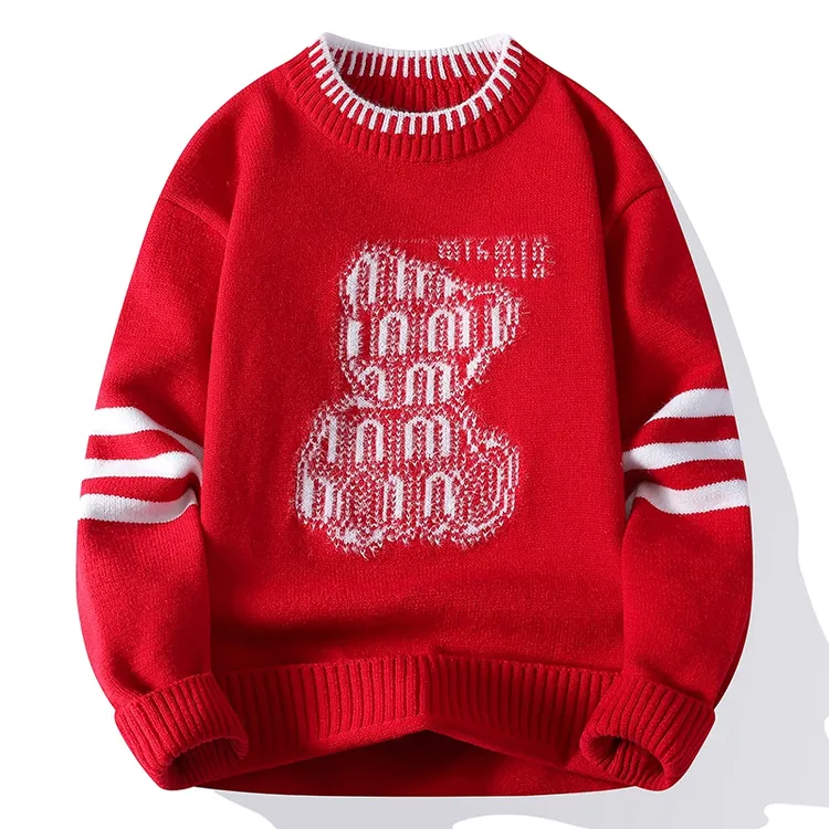 冬季厚款红毛衣过年衣服男百搭时尚圆领情侣毛衣红色慵懒风提花