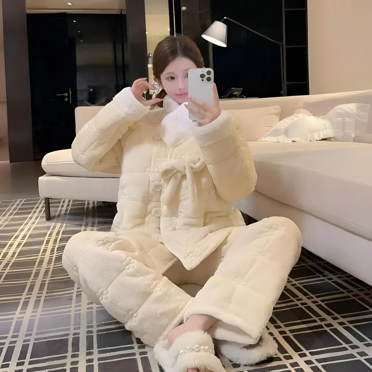 冬季新款三层夹棉新国风加厚睡衣女立领珊瑚绒加绒保暖套装家居服