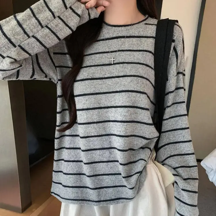 撞色条纹长袖内搭T恤女早秋季2025新款慵懒风宽松打底衫针织上衣