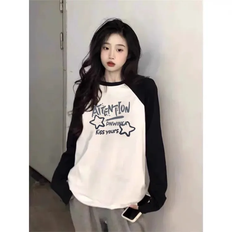 字母星星女童t恤长袖插肩纯棉2026春秋新款中大童撞色上衣打底衫