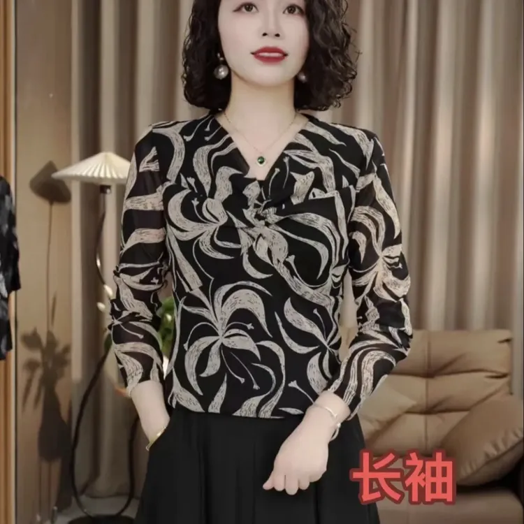 2025新款时尚洋气扭结V领T恤上衣气质百搭印花显瘦中年妈妈装上衣