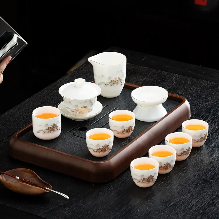 白瓷茶具套装礼盒装家用客厅白瓷功夫茶具轻奢高档办公室泡茶中式
