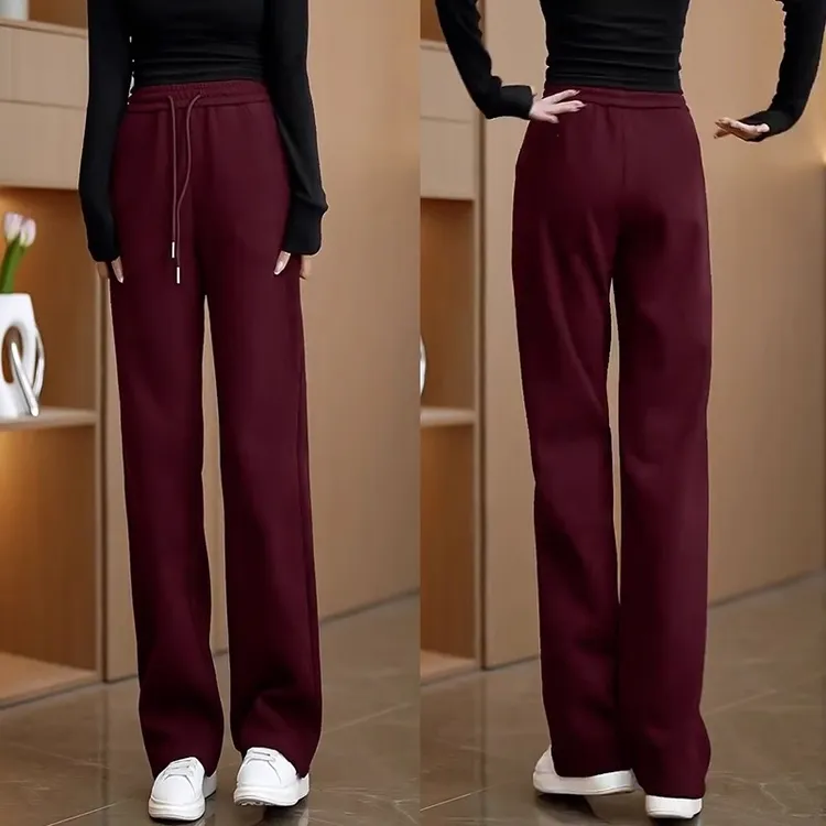 安可拉红卫裤女2025春秋新款加绒直筒运动裤高腰宽松休闲阔腿裤