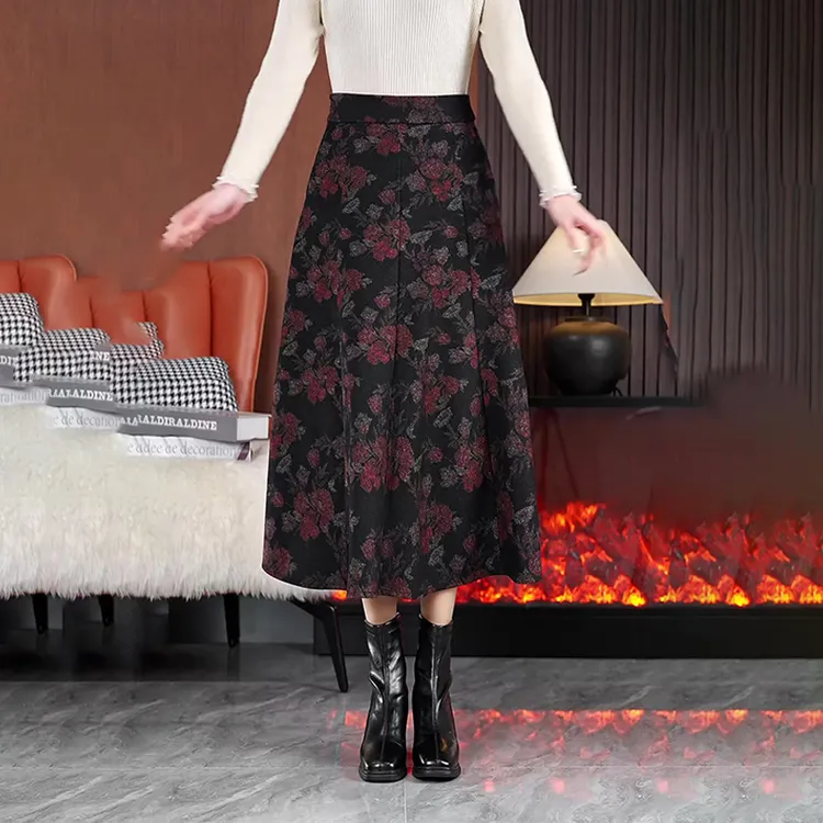 2024新款印花毛呢半身裙秋冬款A字裙冬季中长款妈妈装碎花裙子