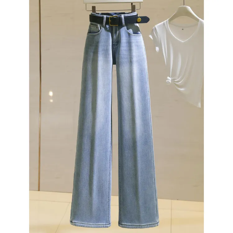 culv浅蓝加绒牛仔裤女高腰2025秋冬新款复古宽松显瘦拖地直筒裤子