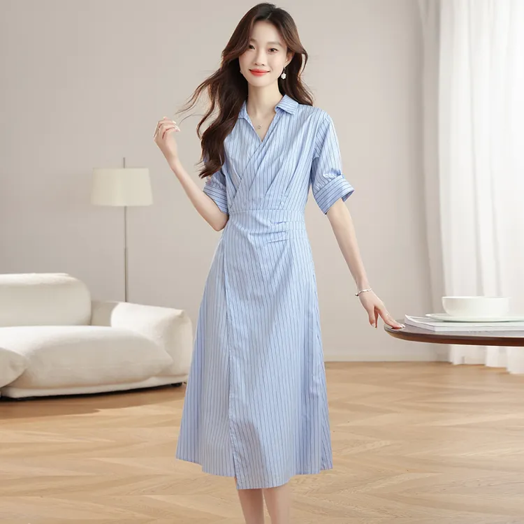 哥弟阿玛施正品蓝色条纹POLO领短袖衬衫连衣裙女夏季新款法式长裙