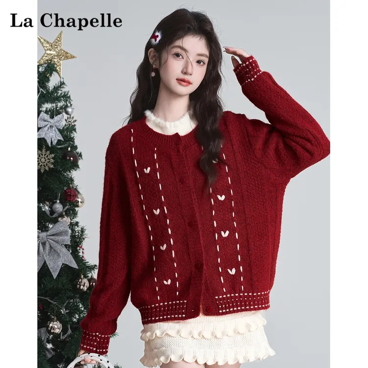 拉夏贝尔圣诞穿搭刺绣毛衣开衫外套女冬红色上衣宽松慵懒风针织衫