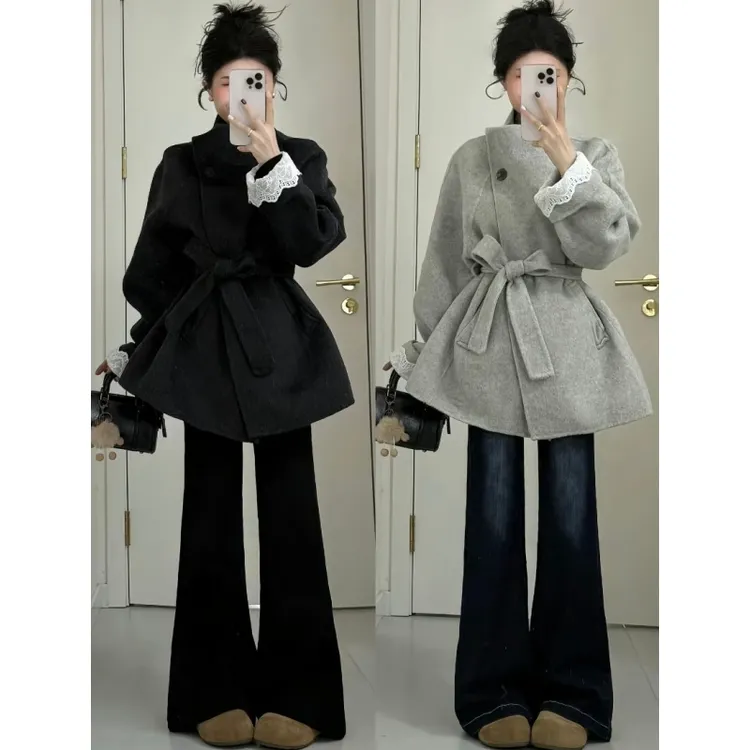 学院风立领绑带蕾丝拼接毛呢外套上衣套装女秋冬高腰微喇牛仔长裤