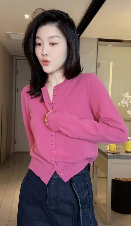 韩系绝美温柔玫粉色针织衫毛衣外套女2025秋冬新款休闲牛仔裤套装