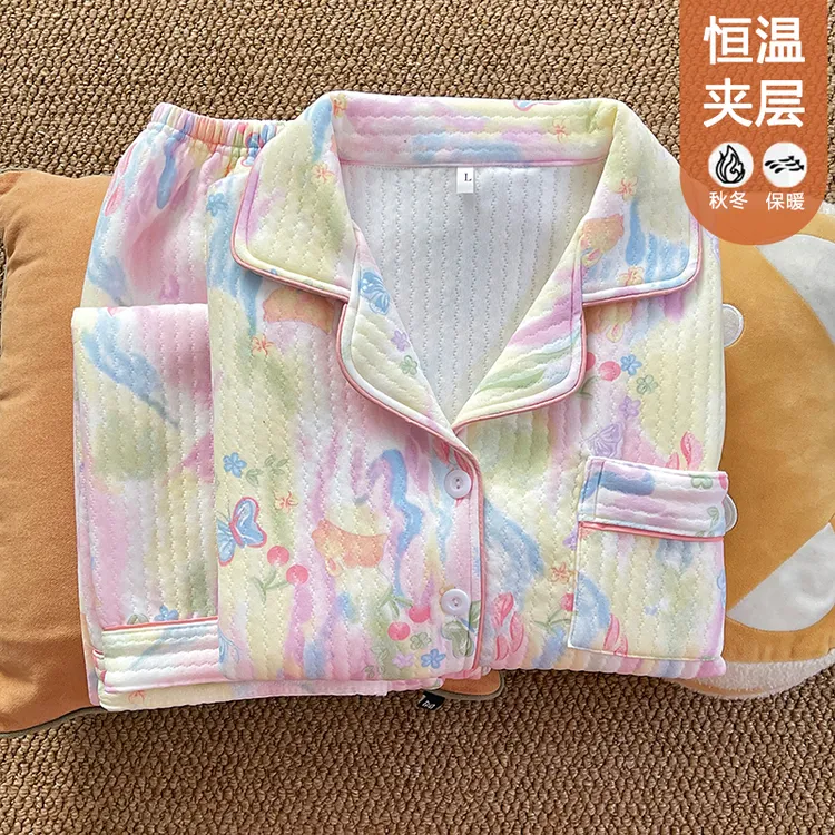 睡衣女卡通夹层加厚长袖长裤秋冬季可爱甜美花边家居服套装143