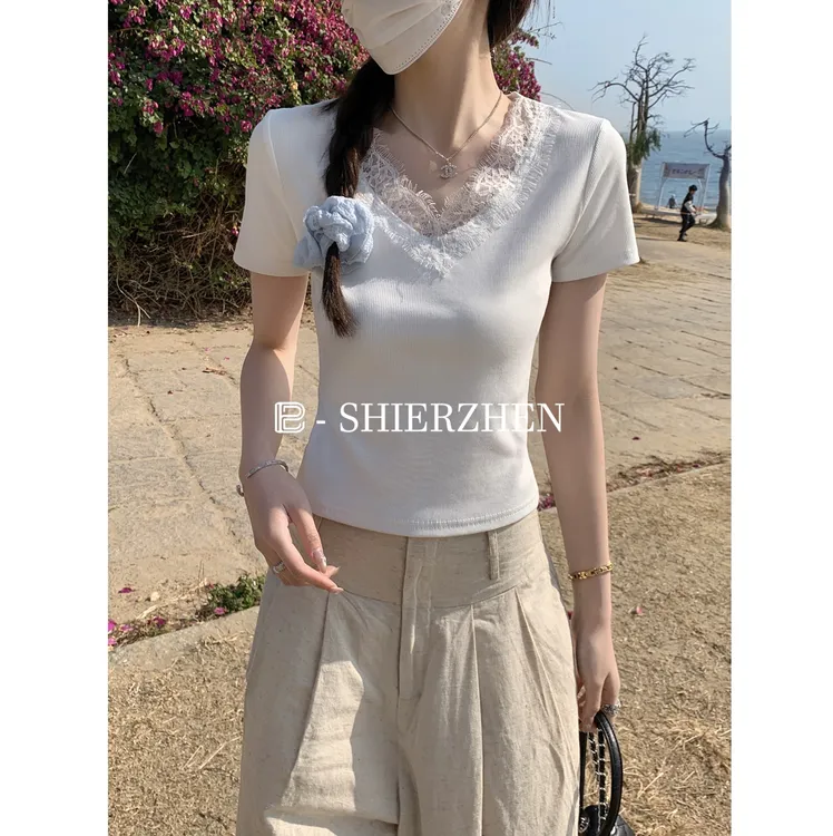 2025春夏韩版蕾丝花边v领设计感套头温柔纯欲百搭短袖T恤上衣女