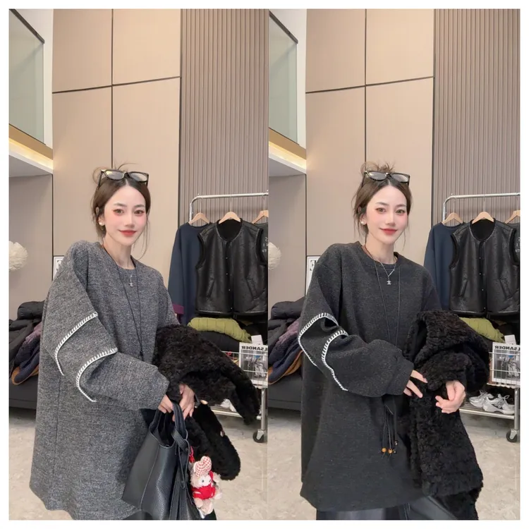 【暖冬秘诀】加绒加厚~袖口拼接气质穿搭宽松显瘦圆领长袖卫衣