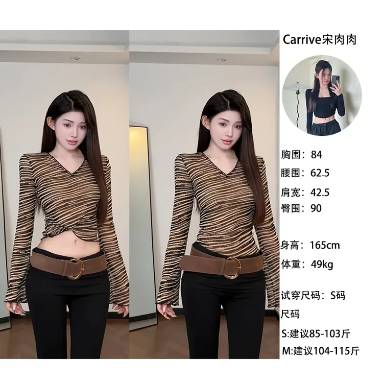 【Carrive宋肉肉】微透修身复古斑马纹V领长袖T恤女设计感打底上衣