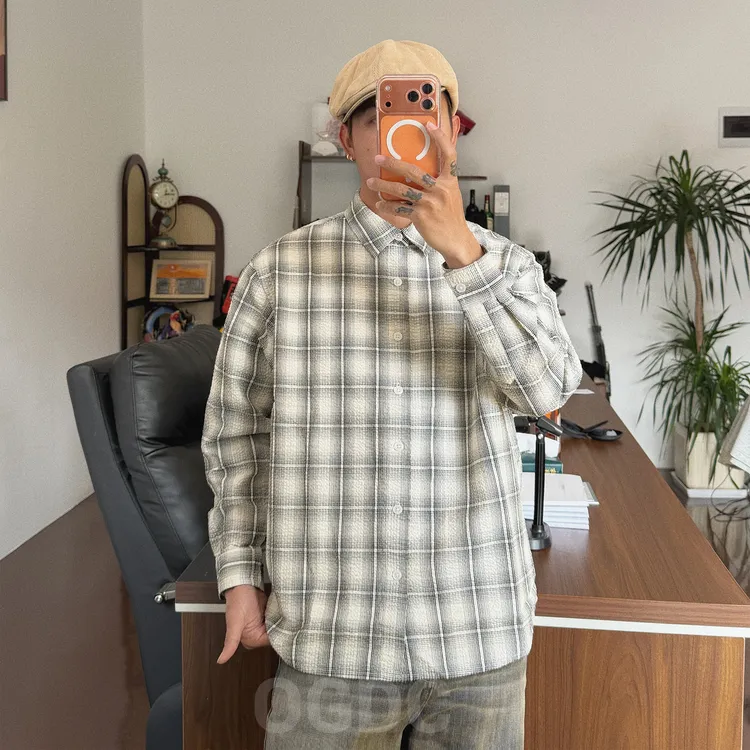 老颜色织泡泡棉休闲衬衫亲肤透气春季配色格纹宽松百搭长袖外套