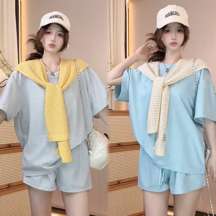 慵懒休闲风短袖三件套2025夏季高腰 减龄纯色短裤女士套装