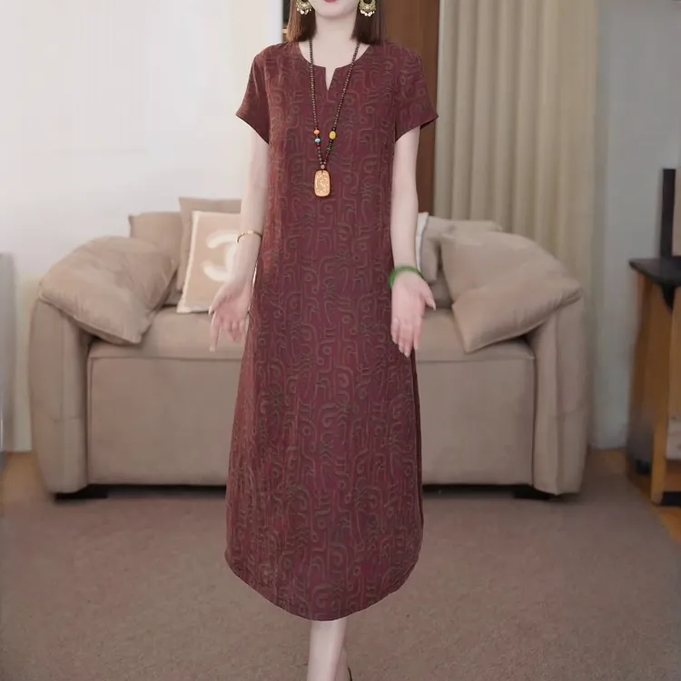 2025夏季新款气质优雅休闲减龄裙子复古印花收腰显瘦短袖连衣裙女
