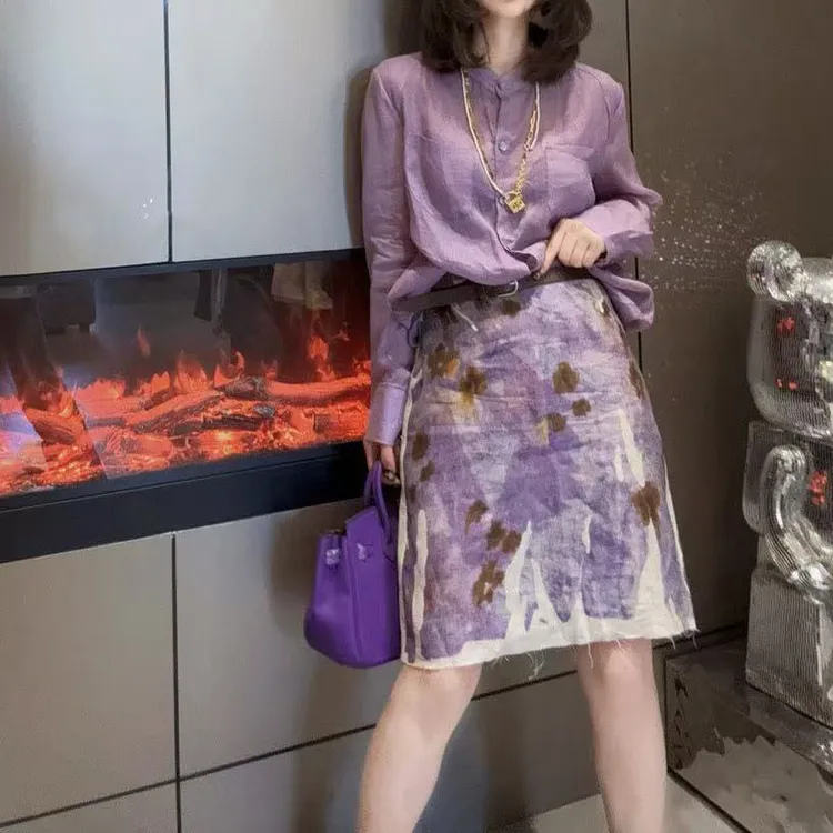 750夏季新款时尚显瘦气质女士网红洋气两件套百搭款显瘦紫色套装