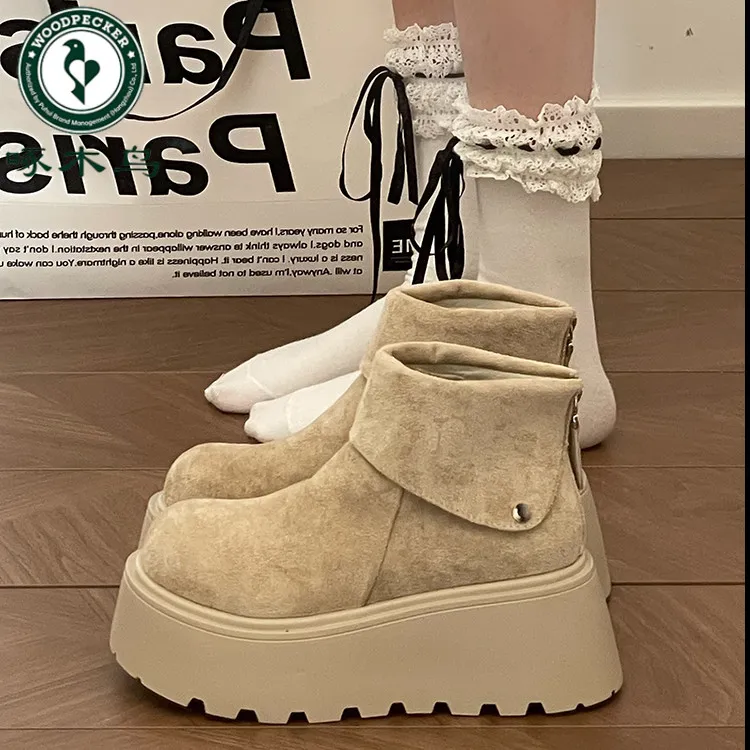 啄木鸟美拉德厚底松糕底短靴女2025秋冬季新款小个子加绒马丁靴