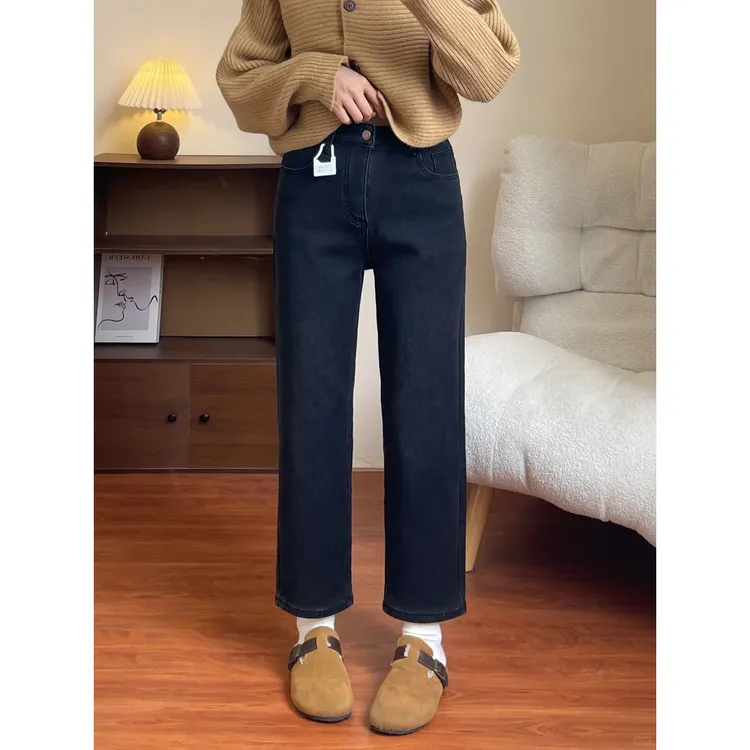 黑色加绒加厚牛仔裤女款小个子弹力直筒烟管裤胖mm大码九分法棍裤