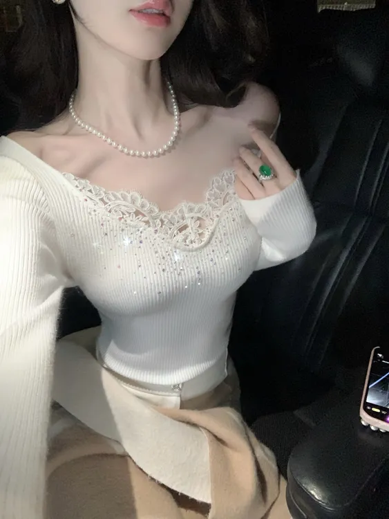 【雅乔定制】茉白暖意 烫钻蕾丝花边针织打底毛衣女DYLL-25086511