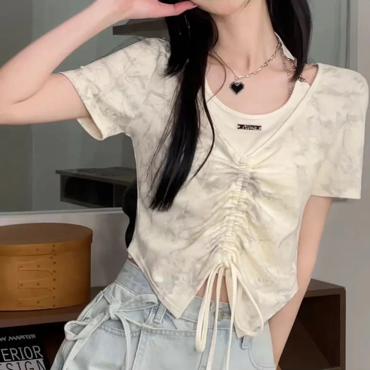 爆款洋气假两件韩版上衣女收腰辣妹修身不规则下摆短袖T恤气质