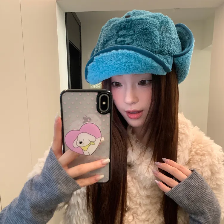 蓝色羊羔绒可翻沿雷锋帽子女冬季保暖显脸小护耳帽户外滑雪防寒帽