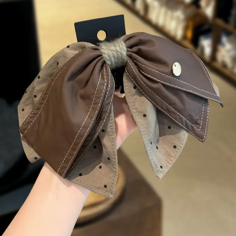 韩国新款高端气质皮质咖色波点布艺蝴蝶结抓夹马尾夹后脑勺鲨鱼夹