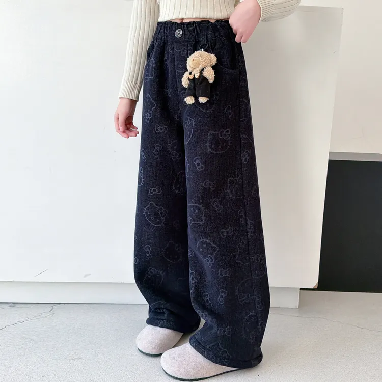 女童小熊猫咪加绒裤子冬裤子中大童休闲蝴蝶结猫咪提花休闲风长裤