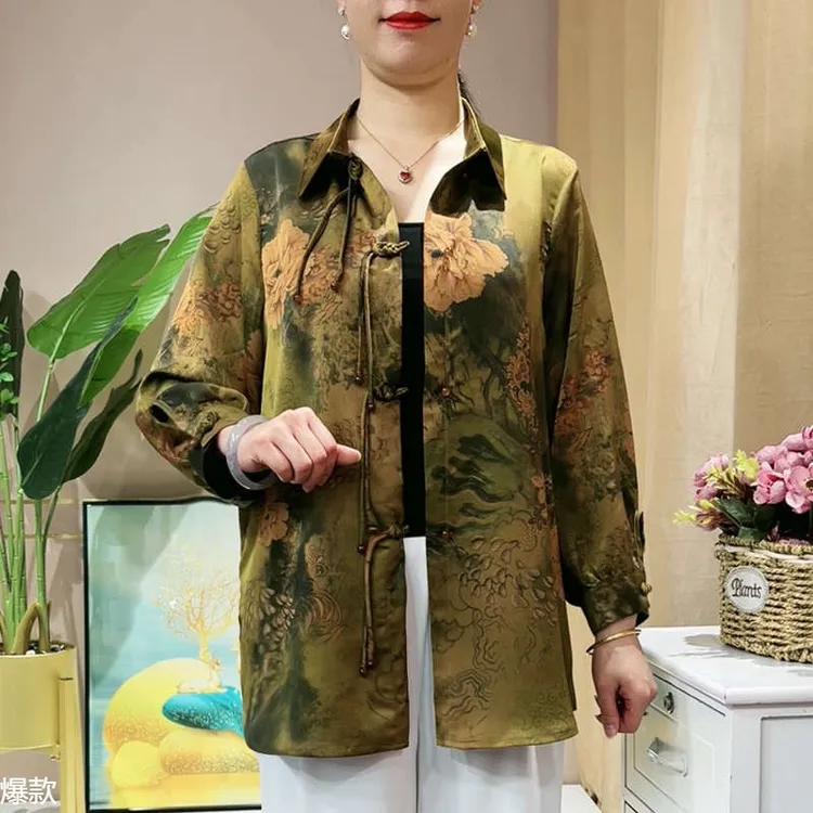 妈妈春装九分袖开衫薄外套中老年女装夏季大码宽松时尚衬衫中长款