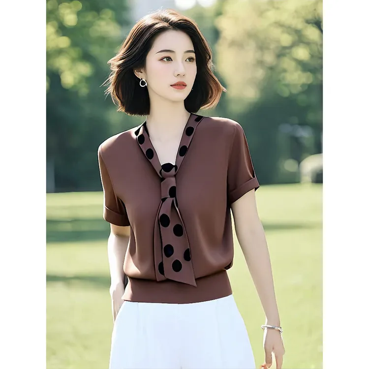 轻熟气质设计感咖色短袖T恤2025年女装春夏新款高级感系带上衣