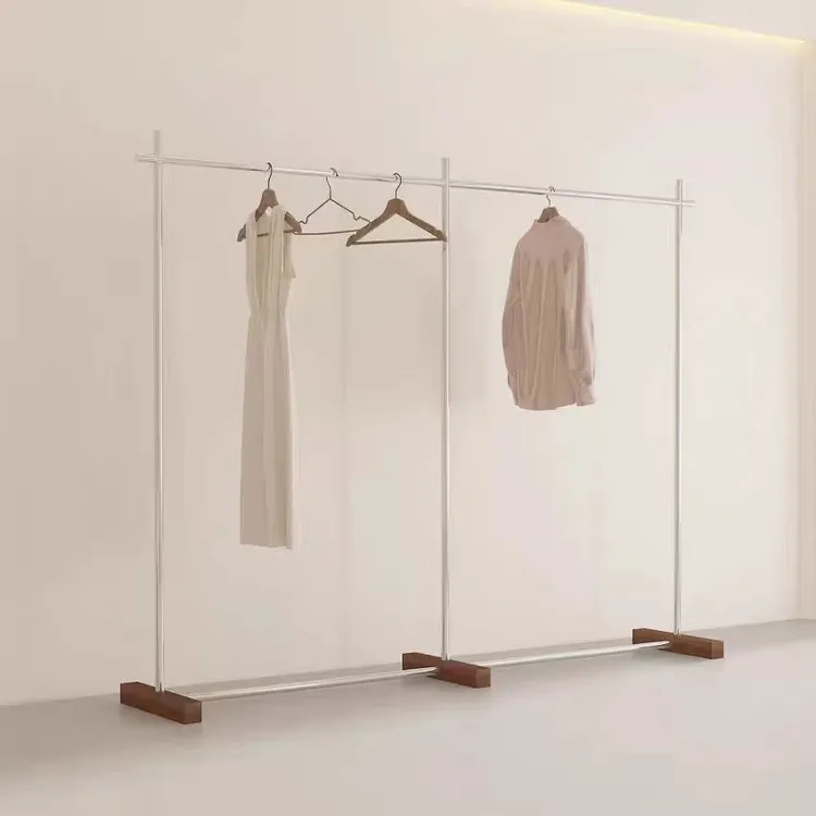不锈钢胡桃木纹色落地式服装店中岛展示架卧室挂衣架女装店陈列架
