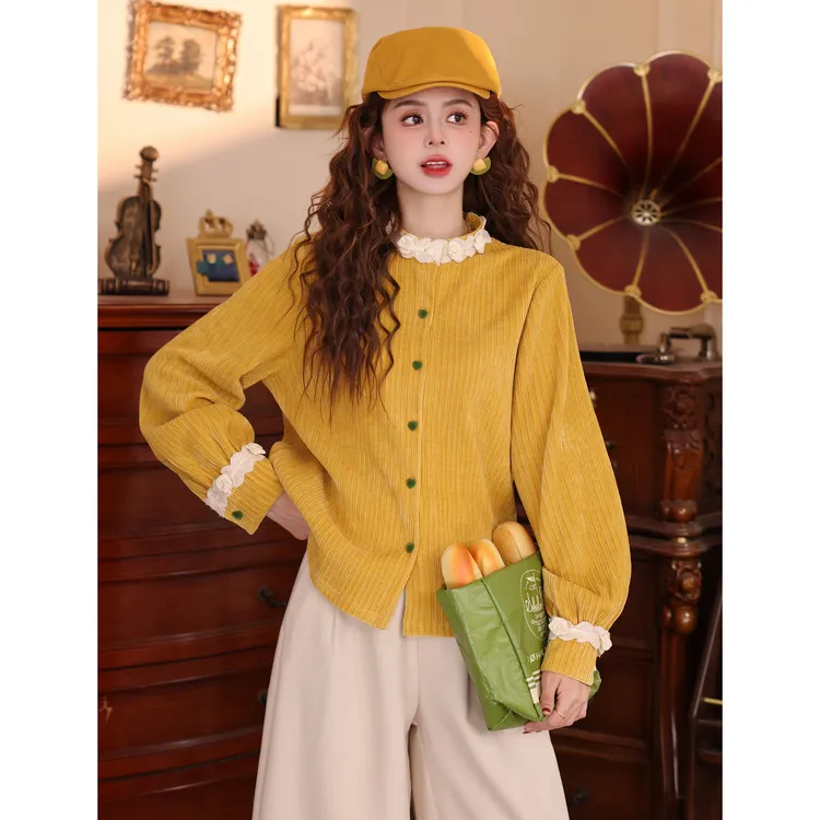 陈大器【黄昏独白】复古港风花边秋冬长袖百搭上衣衬衫JB3328362