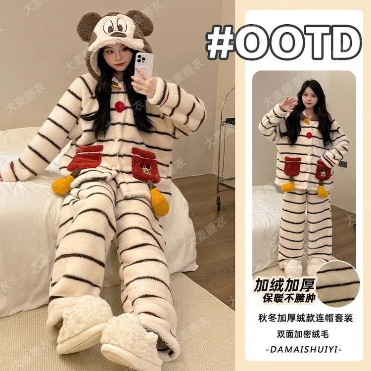 2025冬季珊瑚绒保暖睡衣女加绒加厚条纹米奇学院风家居服套装