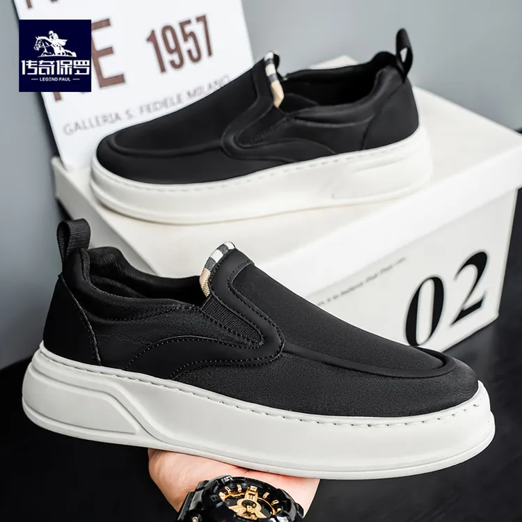 传奇保罗男士春季2025新款黑色休闲男鞋时尚百搭一脚蹬厚底板鞋男