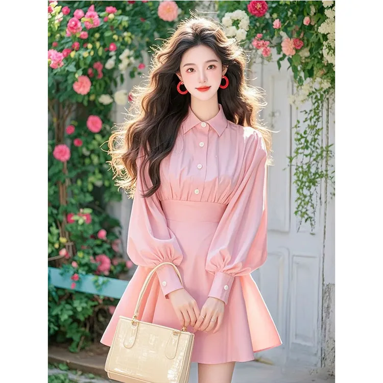 2025春季新款粉色连衣裙法式超仙灯笼袖收腰显瘦气质连衣裙