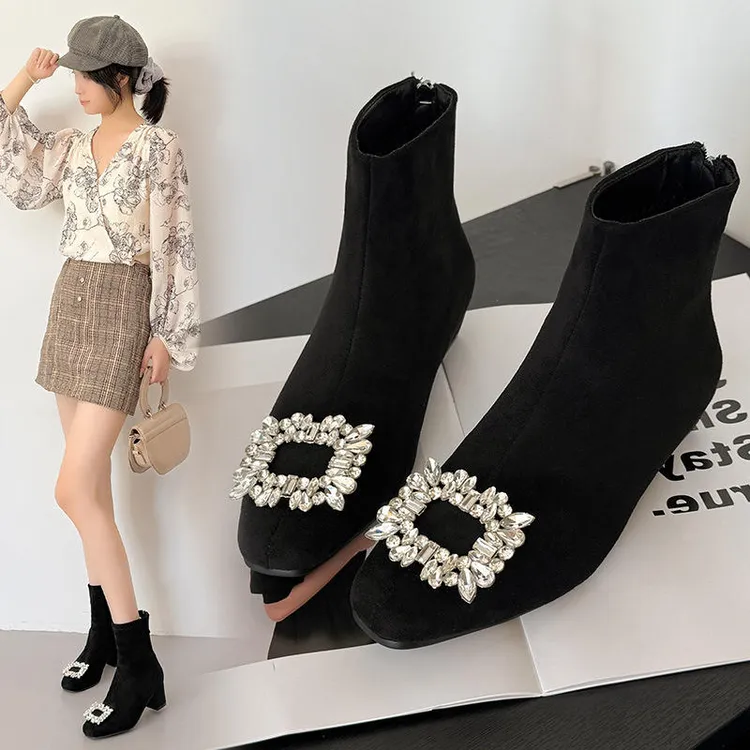 法式方头百搭中跟瘦瘦靴女秋冬2025新款绒面水钻侧拉链粗跟短靴