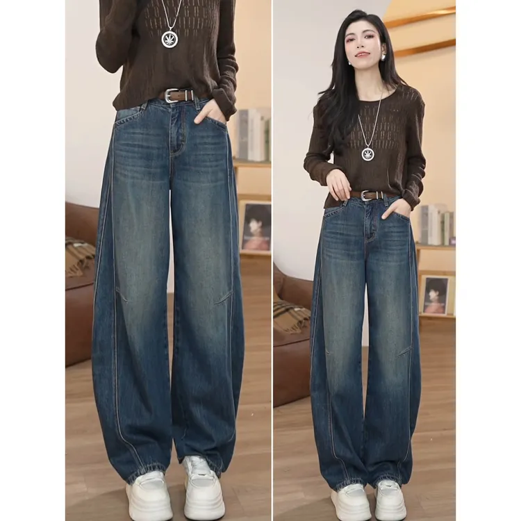 拉夏贝尔秋冬加厚显瘦宽松牛仔裤女2025新款加绒高腰窄版弯刀裤子