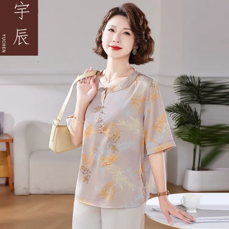 母亲洋气衣服夏季新中式v领五分袖中老年女套装妈妈装薄款小衫 