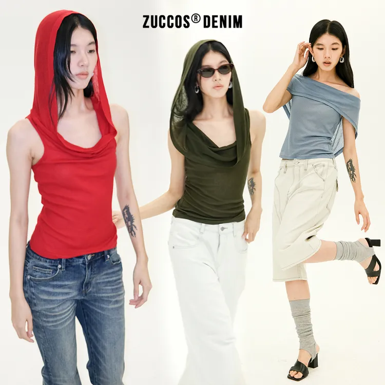 ZUCCOS 天丝薄料坑条纹帽衫背心修身显瘦长袖针织背心T恤