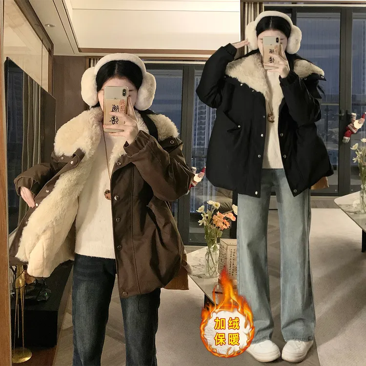 大码夹克加绒棉服女2025冬季新品短款甜酷复古毛毛领加厚棉服外套
