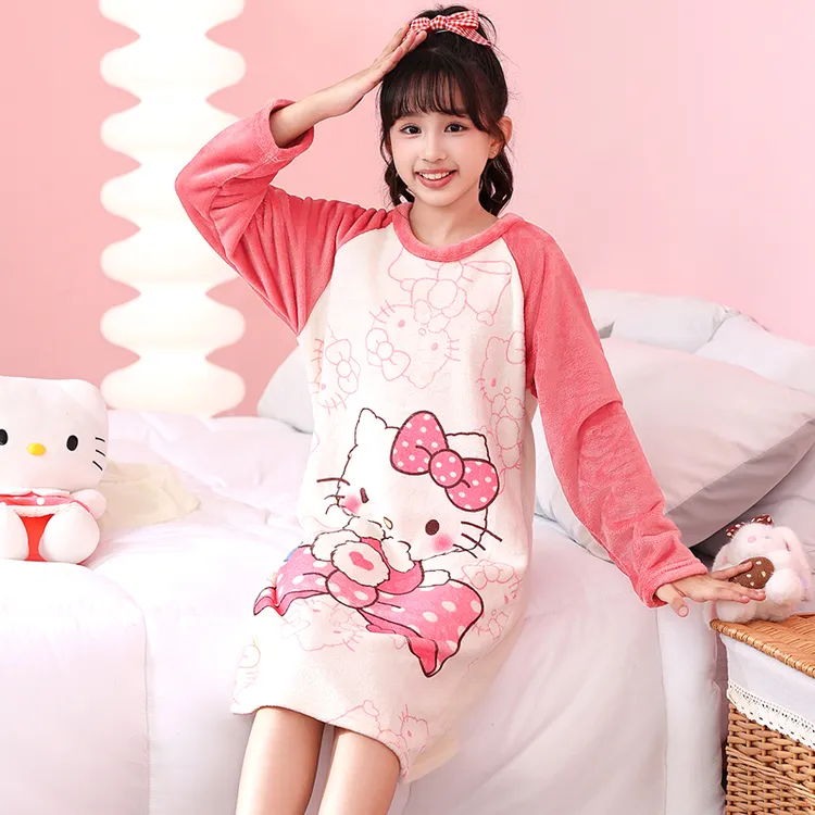 hellokitty女童睡裙秋冬季保暖珊瑚绒中大童女宝宝法兰绒儿童睡衣