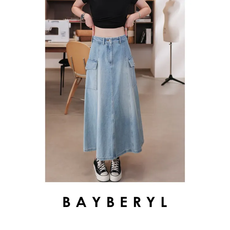 BAYBERYL老贝大口袋工装牛仔A字休闲百搭水洗半身裙YQ5E2205