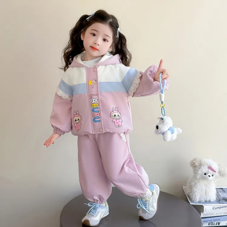 女童拉布布加绒加厚拼接连帽棉衣套装新款洋气时髦甜美可爱两件套